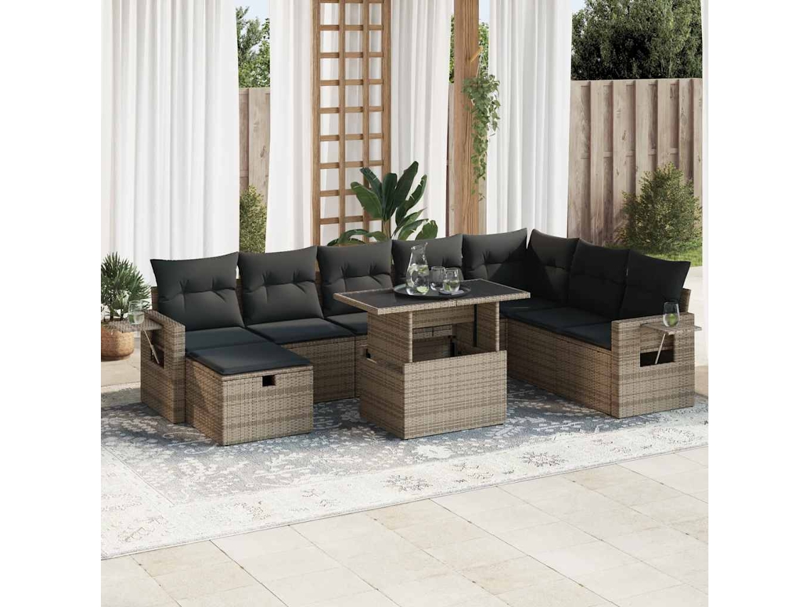 Vidaxl 9 Pcs Conjunto Sofás P/ Jardim Com Almofadões Vime Pe Cinzento