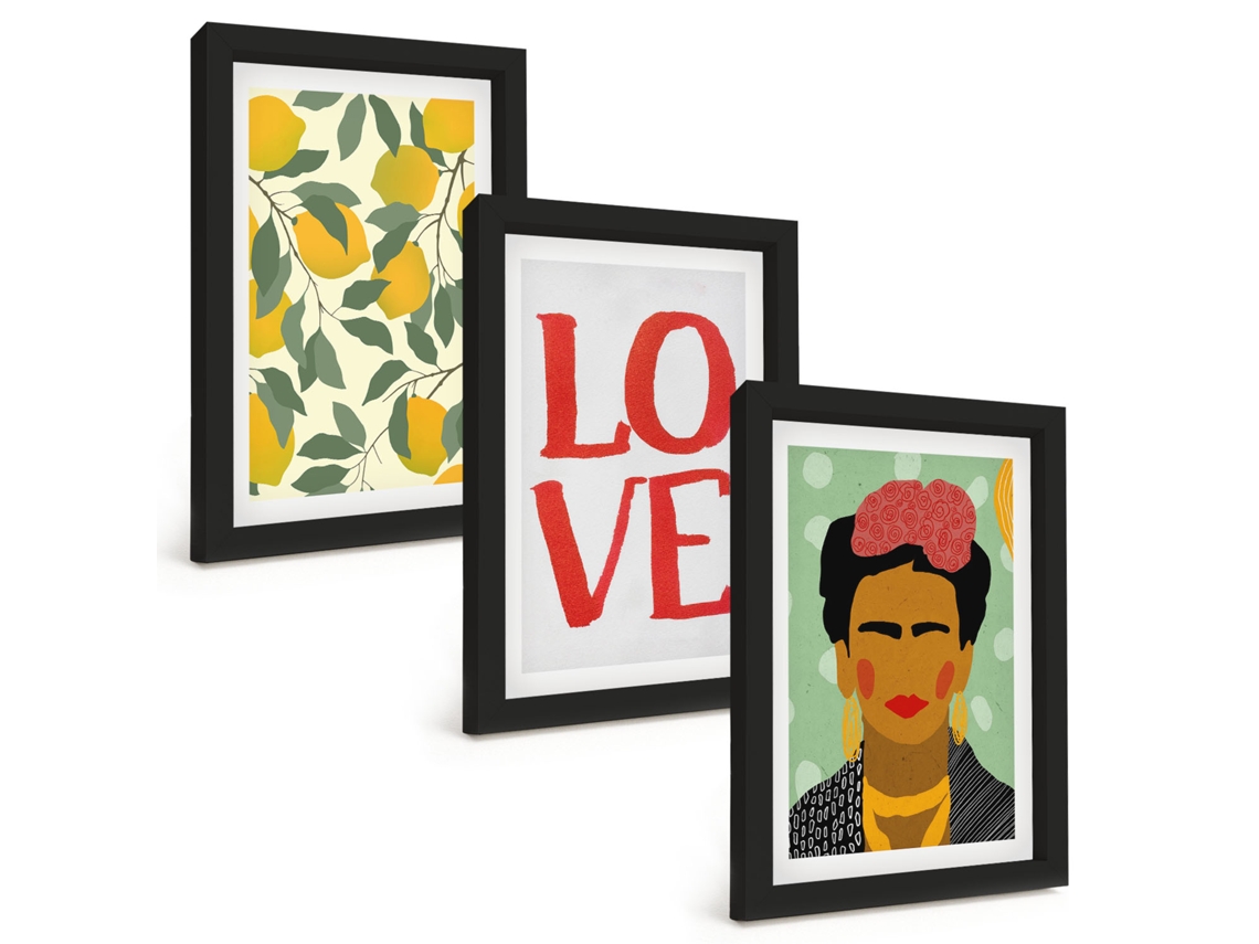 Quadros Decorativos Para Parede Limões, Amor, Retrato De Frida Kahlo Moldura Preta Quadros Para O Escritório Espelharte (3 Peças 20x30 Cm)