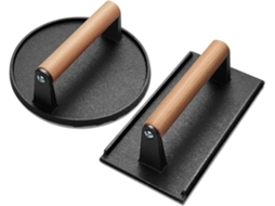 MEOIRUERY Conjunto De Prensa Para Grelhar Hambúrgueres, Prensa Para Grelhar De Ferro Fundido Resistente, Cabo De Madeira Ergonômico Com Fundo Ranhurado Antiderr