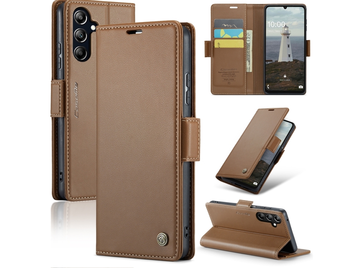 Capa Para Samsung Galaxy A16 5g De Couro Com Textura De Lichia E Fecho Borboleta Com Proteção E Sistema Rfid Antirroubo Marrom