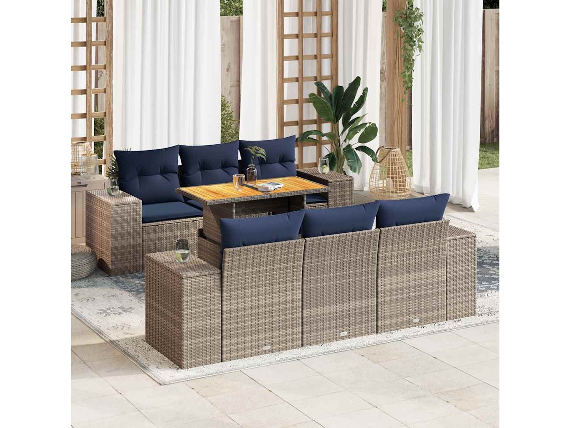 Vidaxl 7 Pcs Conjunto Sofás P/ Jardim C/ Almofadões Vime Pe Cinzento
