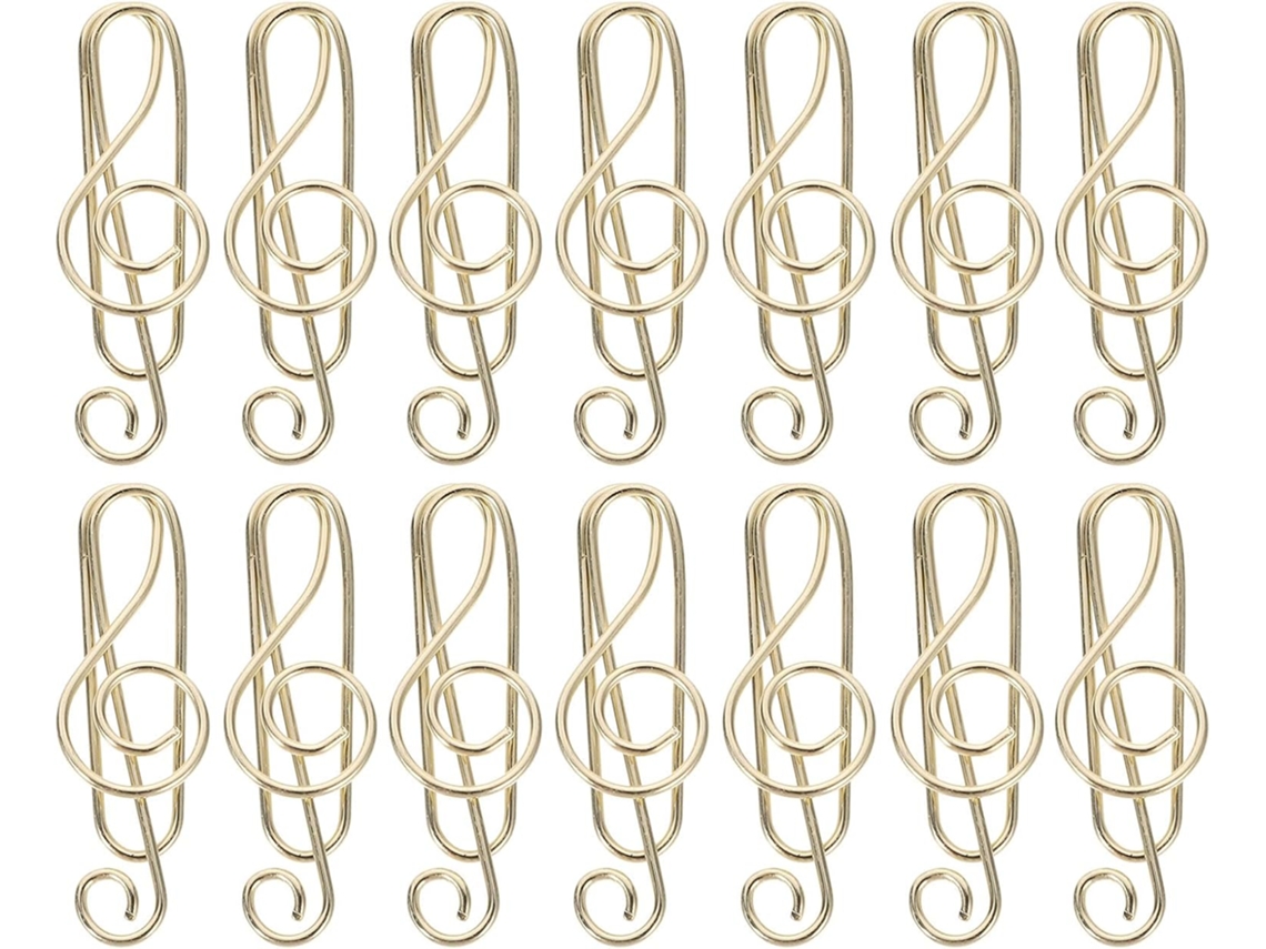 Clips de metal duráveis em formato de notas musicais, 50 unidades douradas, ideais para escritório e material escolar.