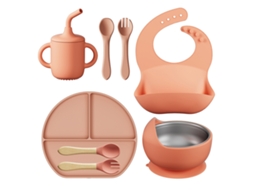 Conjunto de Alimentação para Bebê em Silicone, 8 Peças, Incluindo Prato, Tigela, Babador, Colher e Garfo Rosa PANOONA