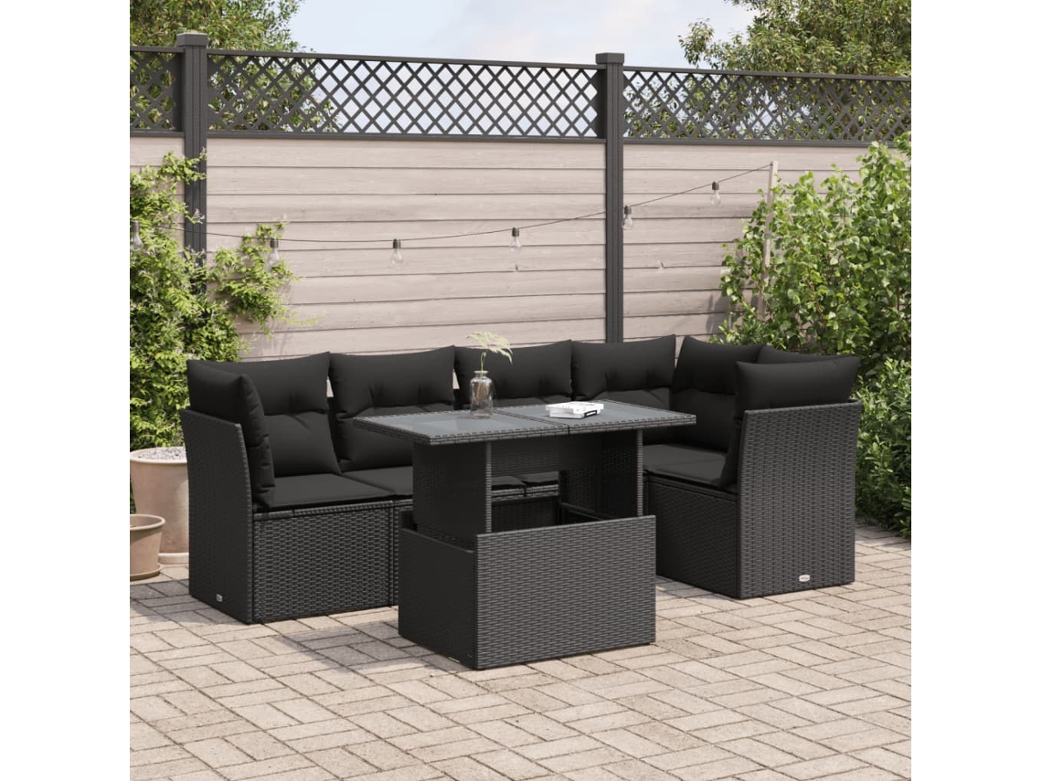 Vidaxl 6 Pcs Conjunto Sofás De Jardim C/ Almofadões Vime Pe Preto