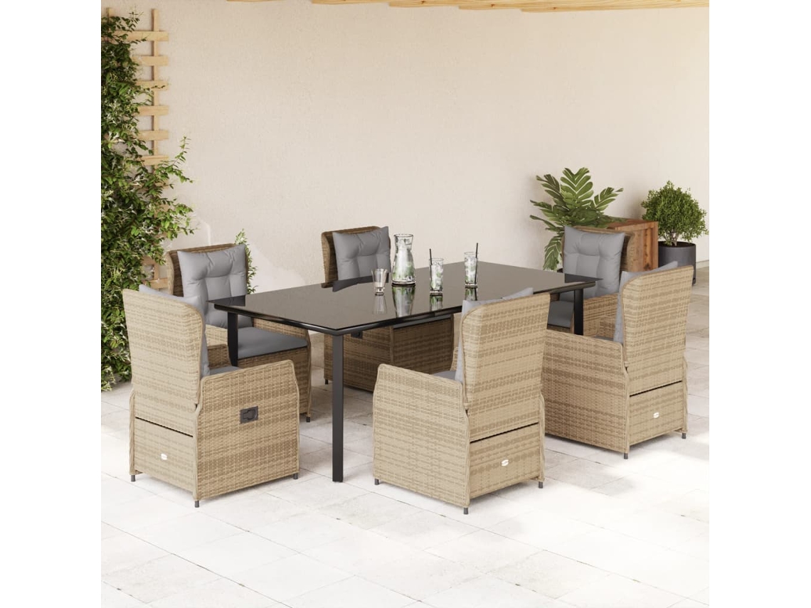 Vidaxl 7 Pcs Conjunto De Jantar P/ Jardim Com Almofadões Vime Pe Bege