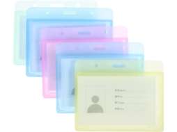 Conjunto de 5 suportes horizontais transparentes para crachás em plástico rígido, com núcleos selecionados e gancho ideal para pendurar.