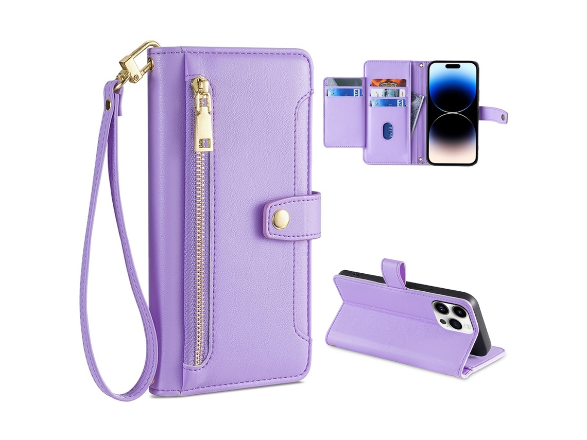 Capa Pega Para Iphone 14 Pro Max Pele Sintética Com Porta-cartões Roxo