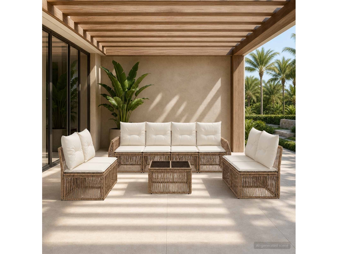 Vidaxl Conjunto De Sofá De Jardim 9 Unid. Bege E Branco Creme Vime Pe