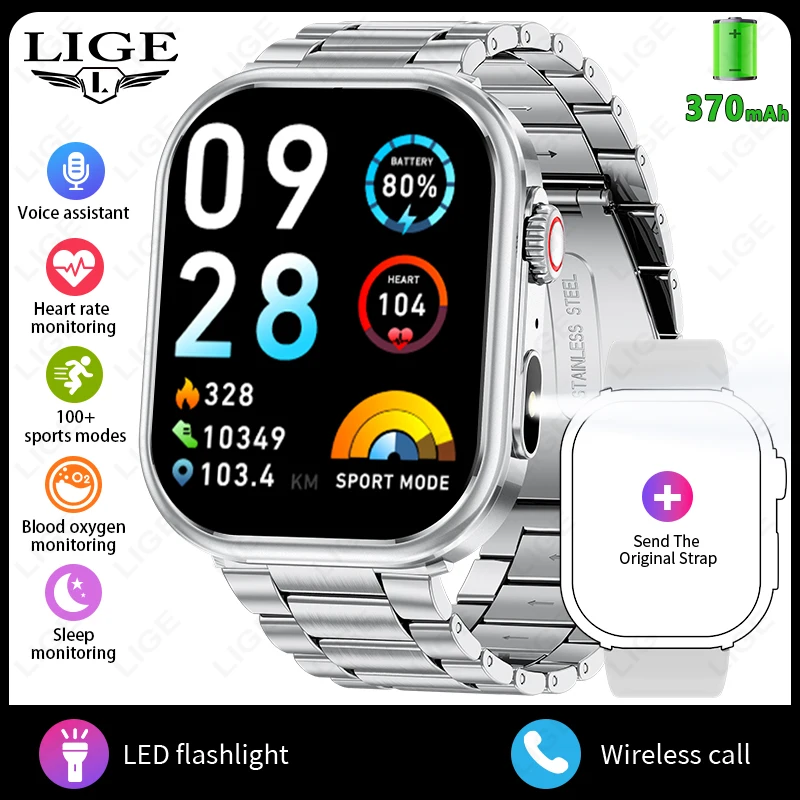 Smartwatch MDUG com lanterna, 2.01 polegadas, display HD, voz AI, chamadas Bluetooth, monitor de saúde, prata, alça de aço