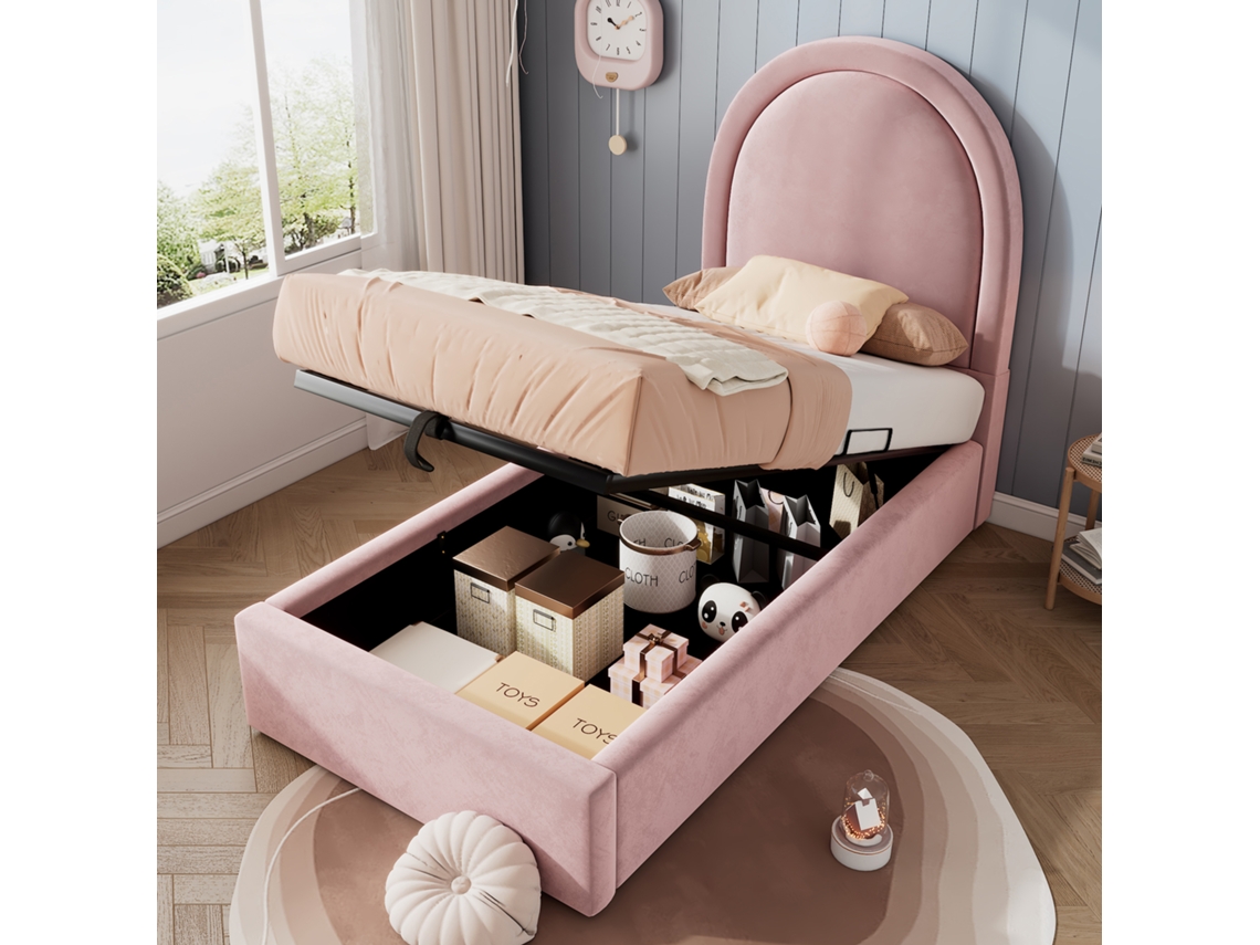 Cama Infantil Estofada 90x190cm Rosa Veludo Para Meninos E Meninas