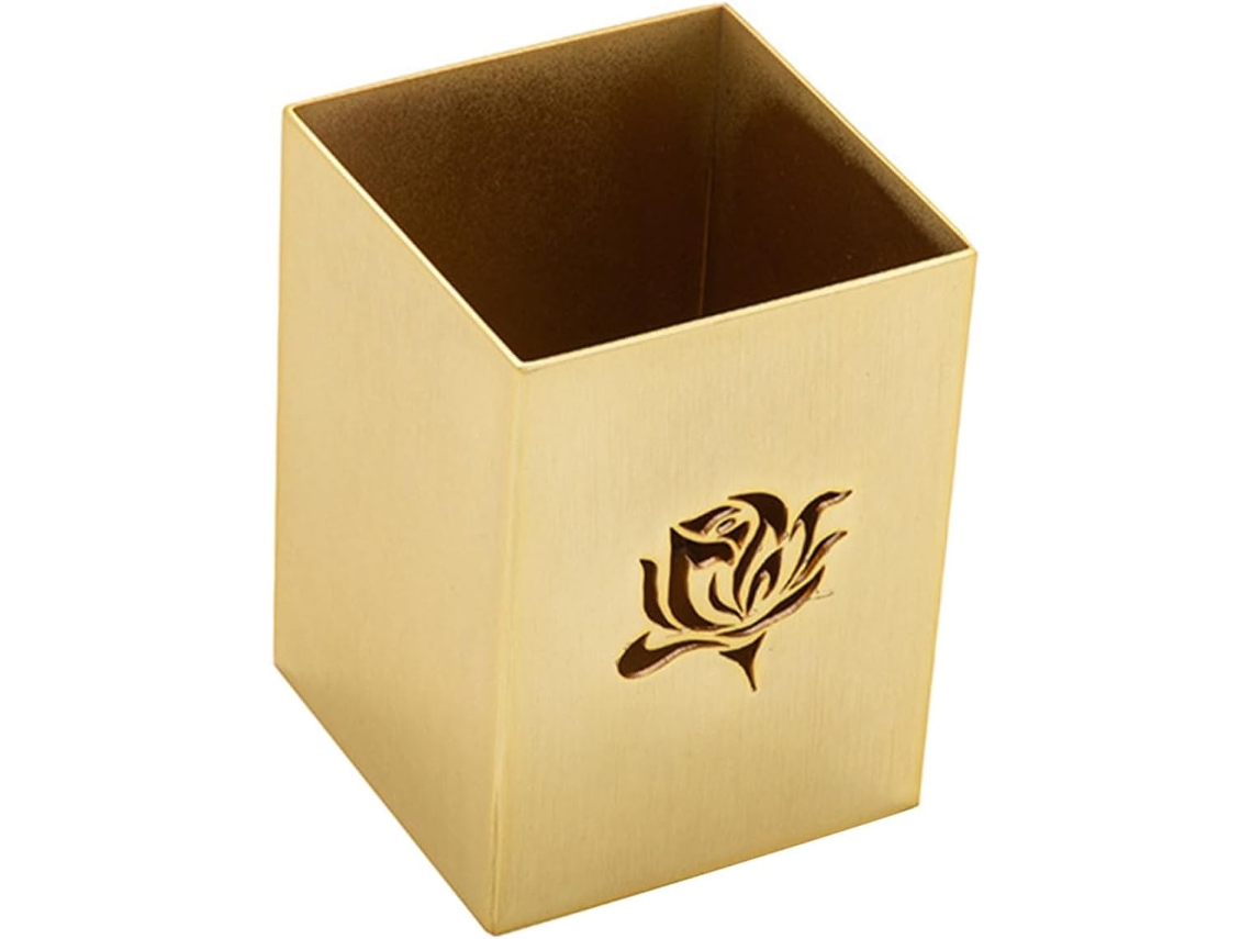 Porta Canetas De Mesa Em Aço Inoxidável Dourado, Porta Lápis Quadrado Perfurado Com Padrão De Rosas, Gokoco