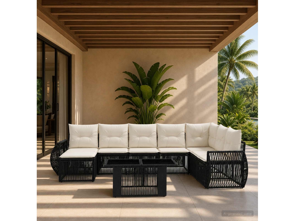 Vidaxl Conjunto De Sofá De Jardim 9 Unid. Preto E Branco Creme Vime Pe