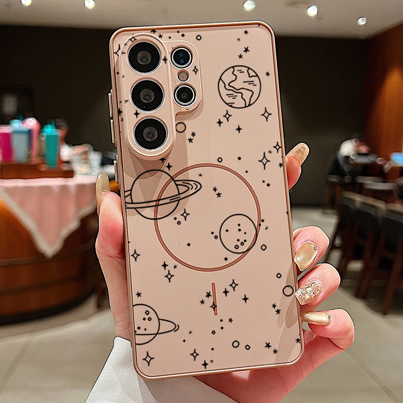Capa Magnética Para Celular Galaxy A17 Com Estampa De Planetas Fofos (dourada)