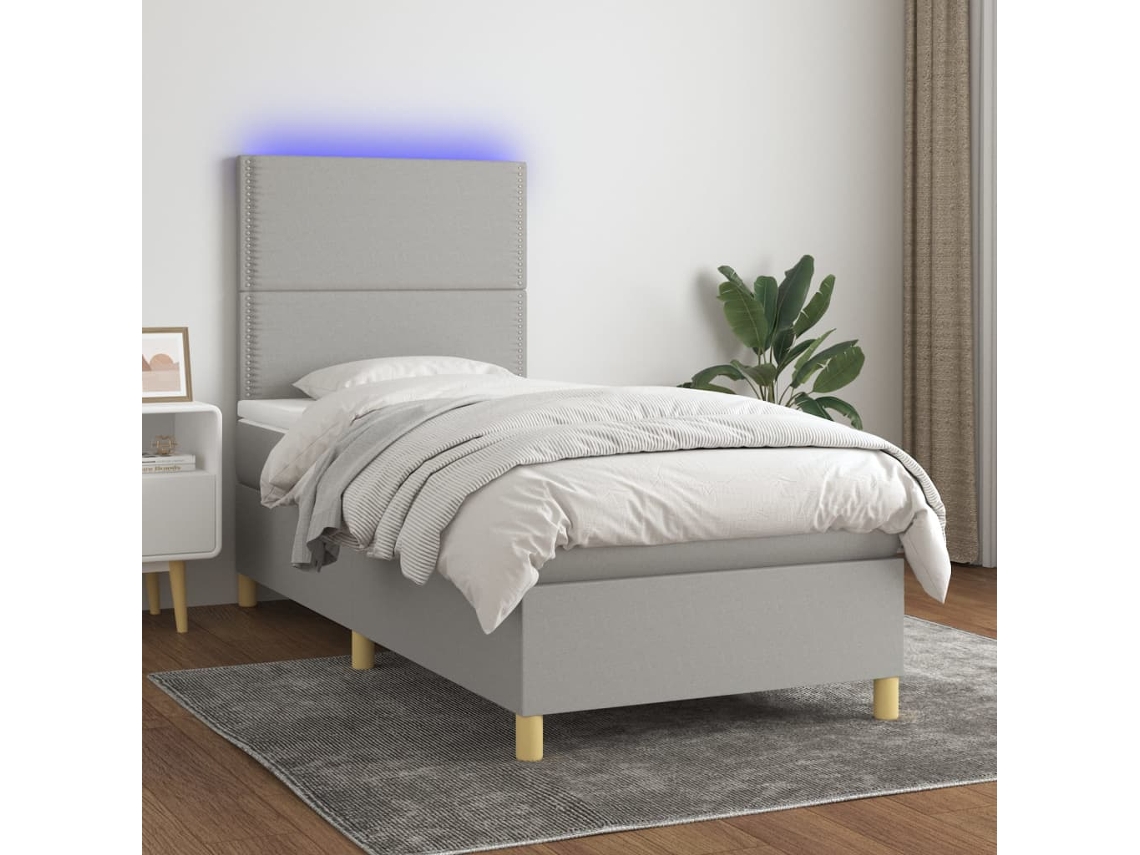 Vidaxl Cama Box Spring C/ Colchão E Led 90x200 Cm Tecido Cinza-claro