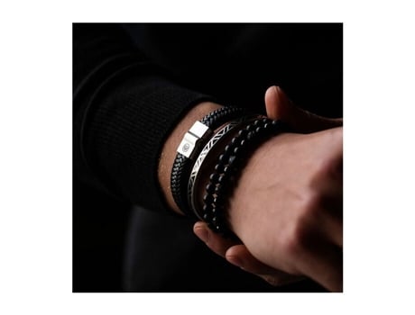 Bracelete De Couro Preto Com Chevrons Marrons Mate Rr M0019 S Tamanho 20 Cm O Rebelrose