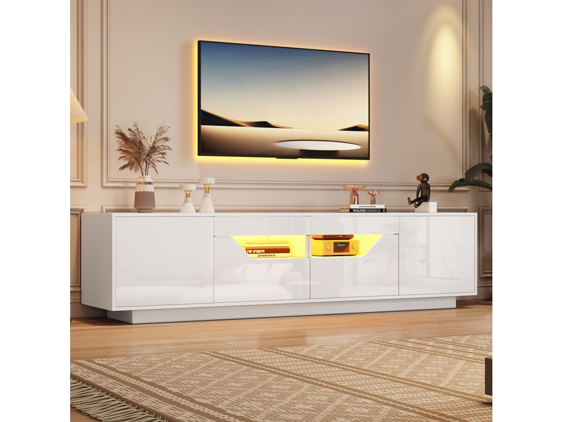 Armário Para Tv De Pé 180x40x45cm, Com 2 Gavetas E 2 Armários, Alto Brilho Com Luzes Led, Suporta Tv De 75 Polegadas, Branco.