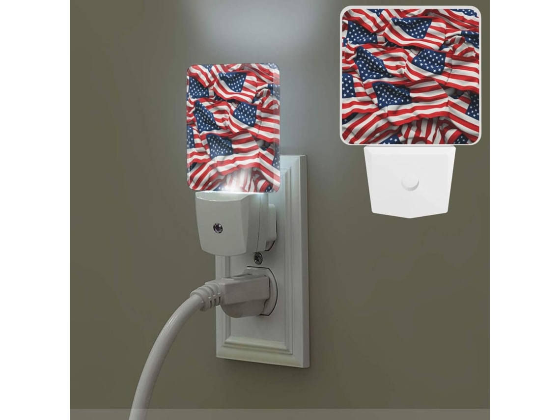 Luz noturna com bandeira americana, de tomada, com sensor crepuscular, luz branca quente, luz noturna