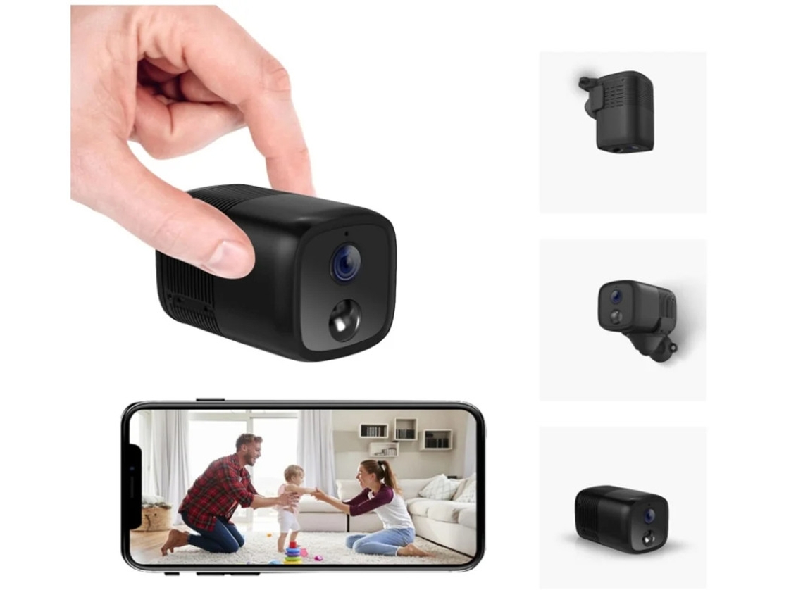 Minicâmera WiFi Bestvite A90, ângulo amplo de 150°, câmera portátil sem fio de 2 MP/1080P, visão noturna de 10 m, alarme inteligente de detecção humana, preta