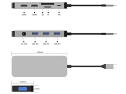 Adaptador de Monitores Triplos 10 em 1 4K Dual Hdmi 1080P Vga 3 Usb3.0/2.0 Tf/Sd 2.0 Áudio de 3 5 Mm 100 W Pd Compatível com Macbook Hp