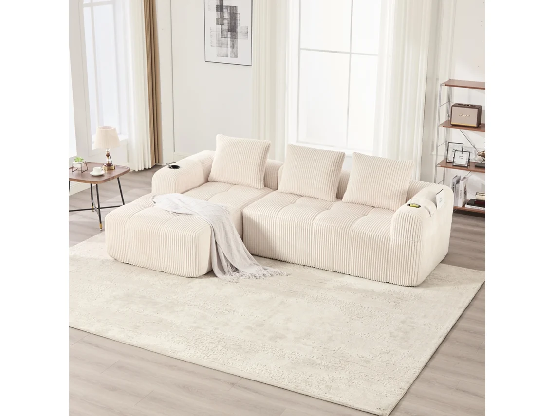 Sofá Compacto De Veludo Cotelê – Macio, Modular, Com Bolso Lateral E Porta-copos. Conforto Premium, 3 Almofadas. Ideal Para Sala E Escritório.