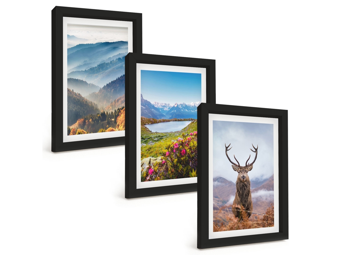 Composição De Quadros Montanha, Lago, Veado, Natureza Espelharte (3 Peças 20x30 Cm)
