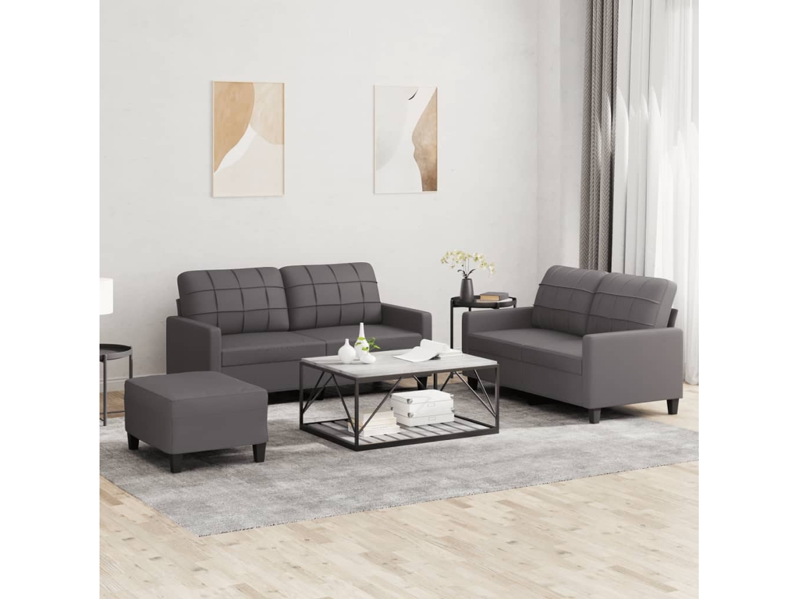Vidaxl 3 Pcs Conjunto De Sofás C/ Almofadões Couro Artificial Cinzento