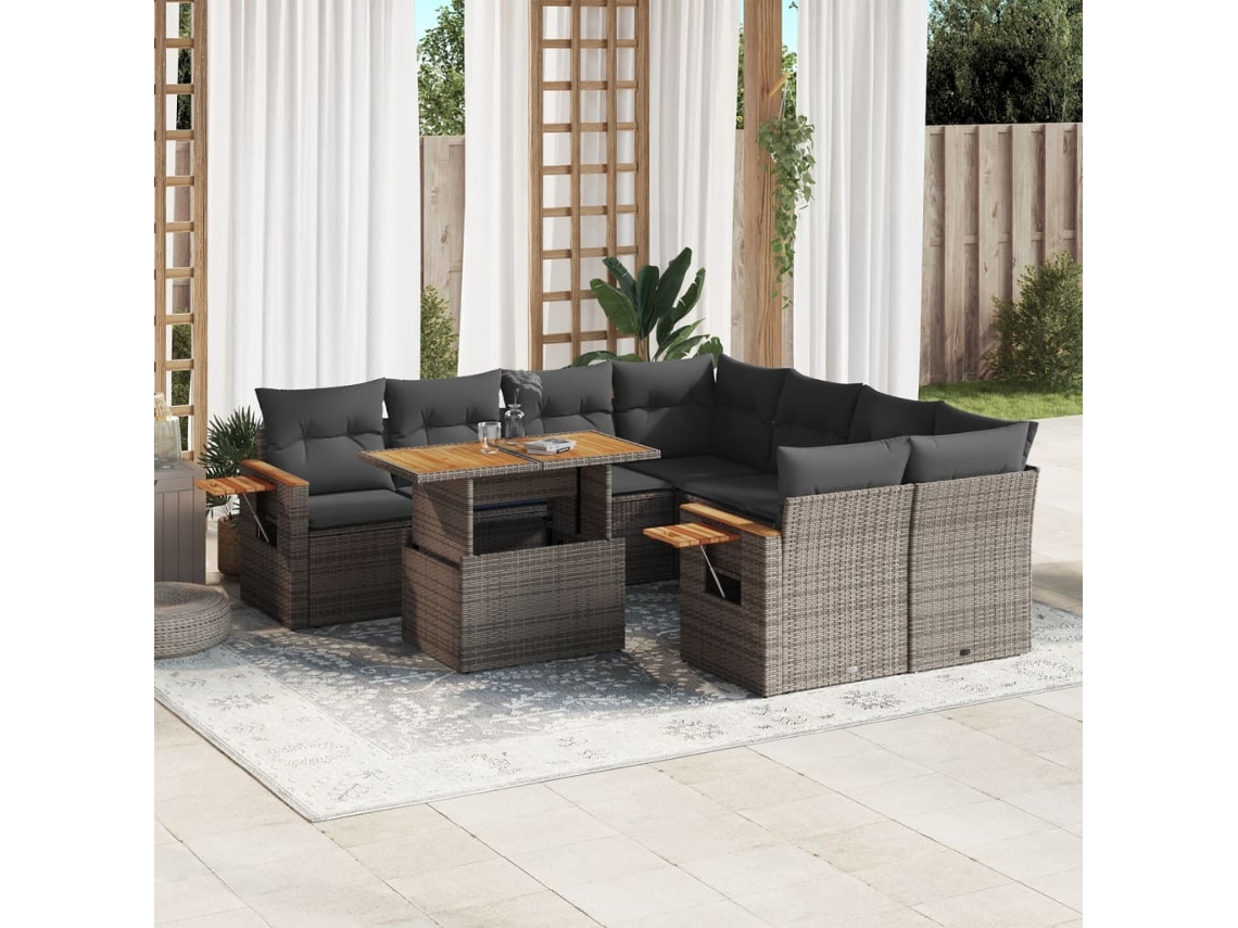 Vidaxl 9 Pcs Conjunto Sofás P/ Jardim Com Almofadões Vime Pe Cinzento