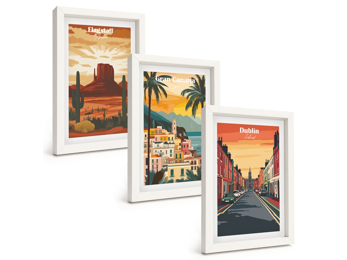 Composição De Quadros Paisagens De Cidades Naturais Moldura Branca Quadros Para A Sala De Estar Espelharte (3 Peças 20x30 Cm)