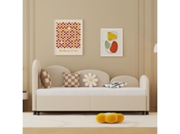 Cama Dia 90x200cm Veludo, Flor, Gaveta, Guarda corpo, Madeira, 200kg, Sem Colchão, Bege KOMHTOM