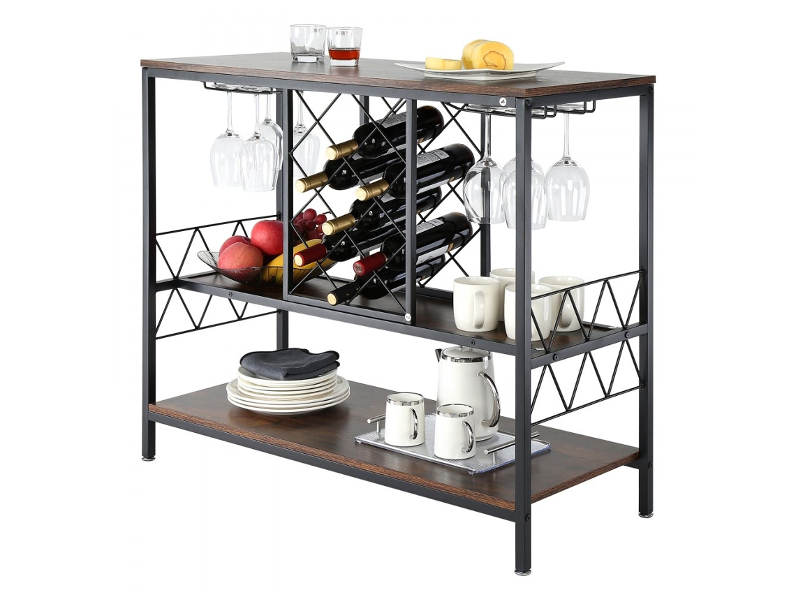 Conjunto Móvel De Bar Industrial Em Madeira E Aço Com Suporte Para Copos E Garrafeira Tekmaquinas