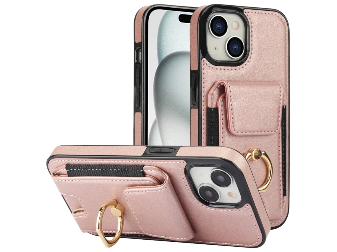 Suporte Casa Ouro Para Iphone 15 Pele Sintética Com Porta-cartões Rosa