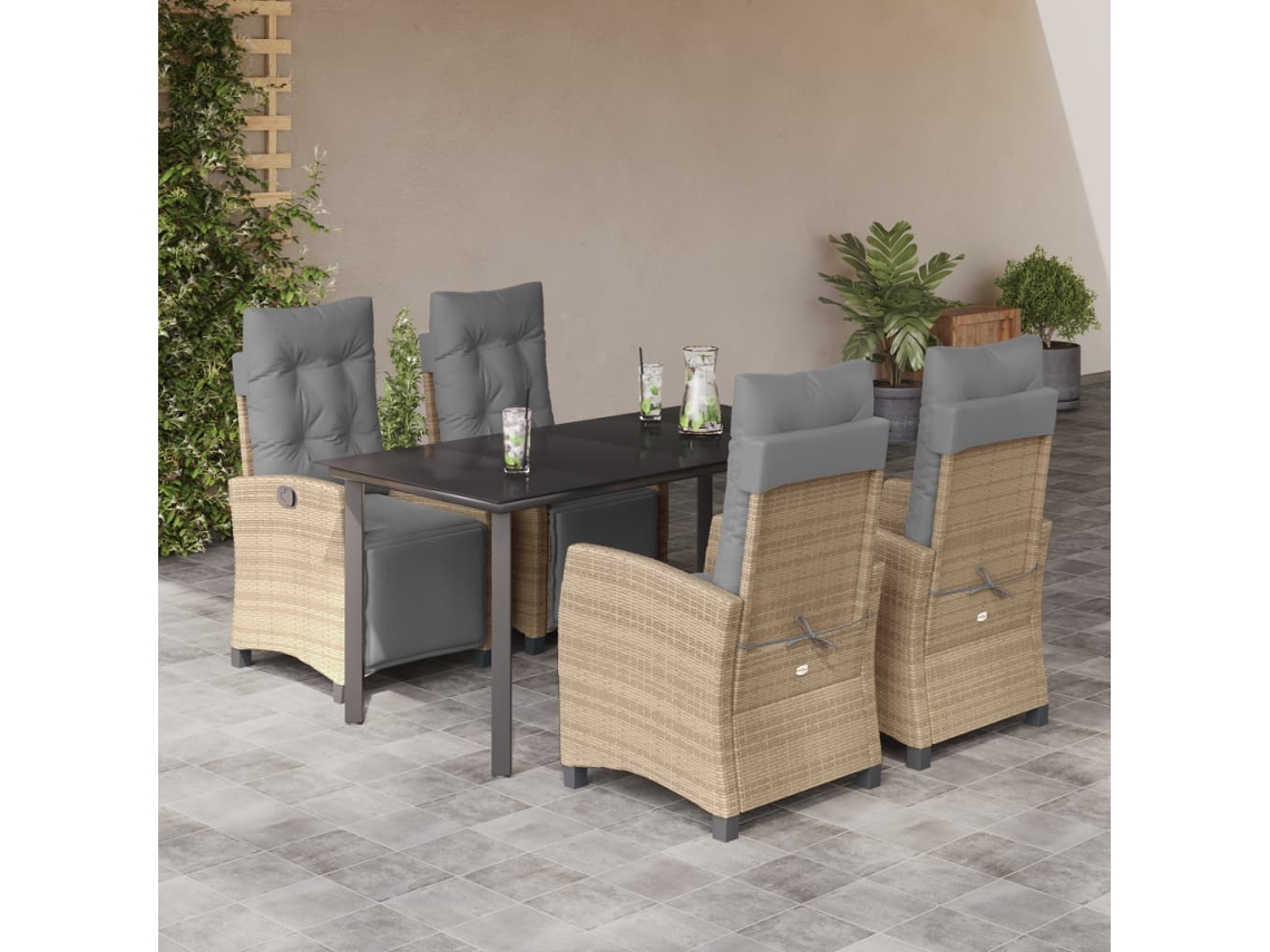 Vidaxl 5pcs Conj. Jantar Jardim C/ Almofadões Vime Pe Bege Misturado