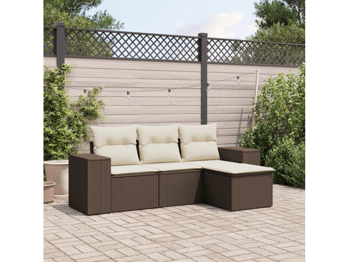 Vidaxl 4 Pcs Conjunto Sofás De Jardim C/ Almofadões Vime Pe Castanho