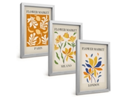 Conjunto De Pinturaspôsteres Florais Paris Milão Londres Moldura Prateada Quadros Para A Sala De Estar Espelharte (3 Peças 20x30 Cm)
