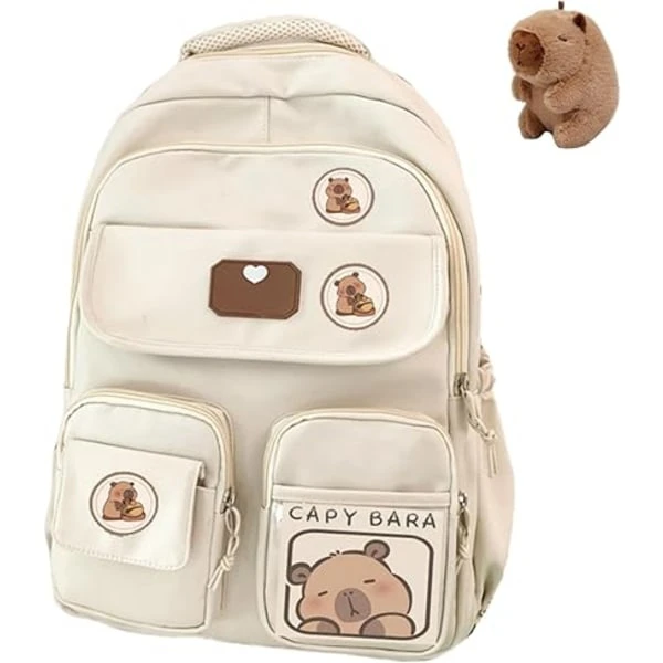 Mochila Capivara para Escola, Mochila Estética Preppy Fofa com Broche Kawaii e Acessórios para Meninas Branca Boneca BRILVIBERA