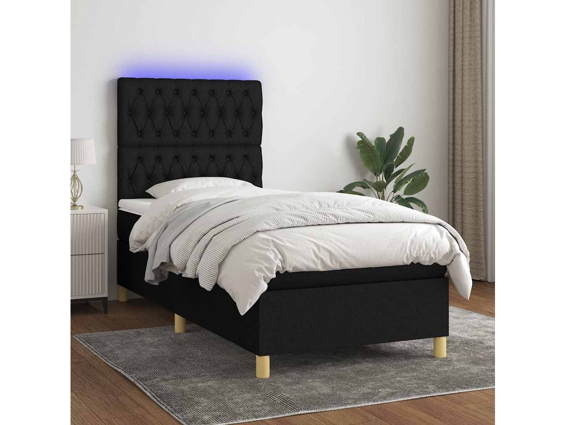 Vidaxl Cama Box Spring C/ Colchão E Led 90x190 Cm Tecido Preto
