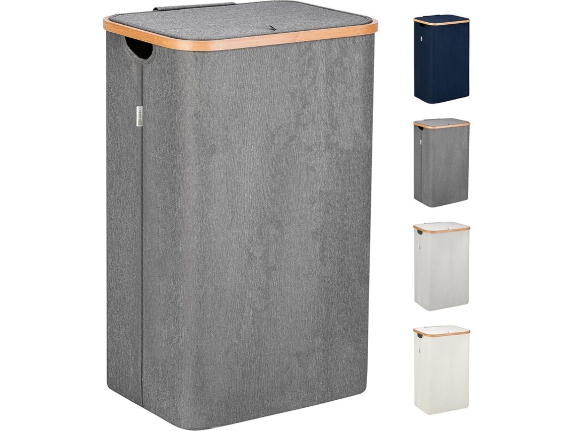Cesto De Roupa Suja Cinza, Xl 100 Litros, Grande Com Tampa E Alça, Para Quarto, De Bambu Para Banheiro