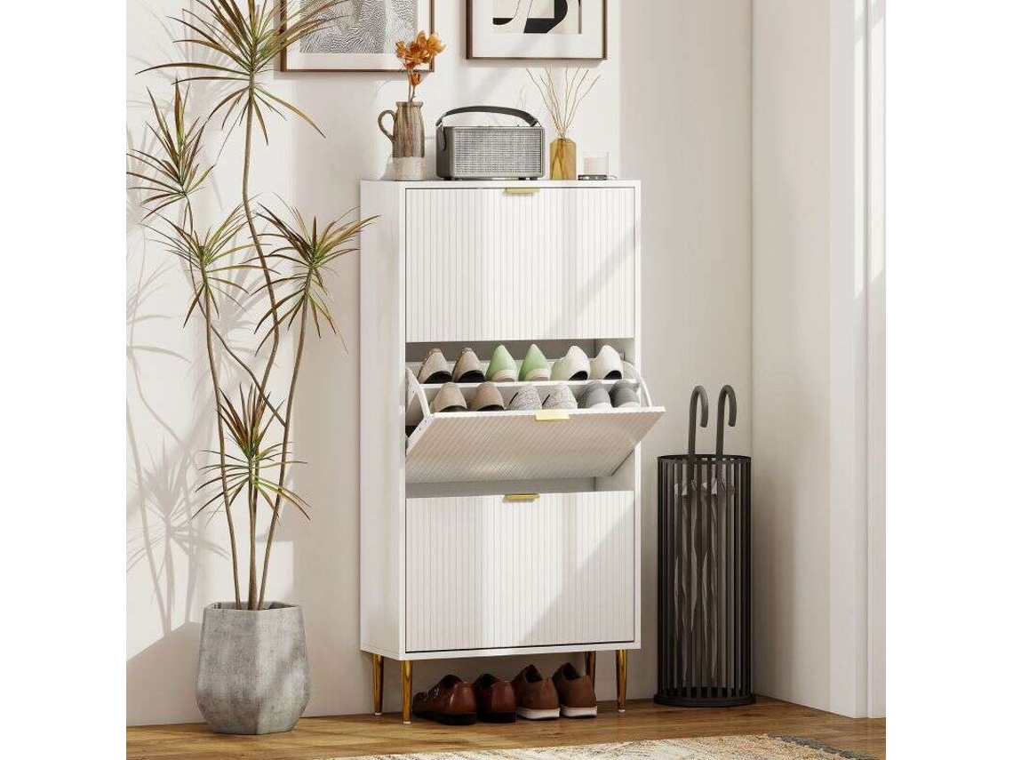 Móvel Para Sapatos 18 Pares Com 3 Gavetas Inclináveis, Portas Caneladas E Parateleiras Ajustáveis, 60x24x128 Cm, Branco.