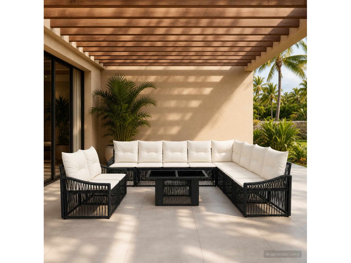 Vidaxl Conjunto De Sofá De Jardim 11 Unid. Preto E Branco Creme