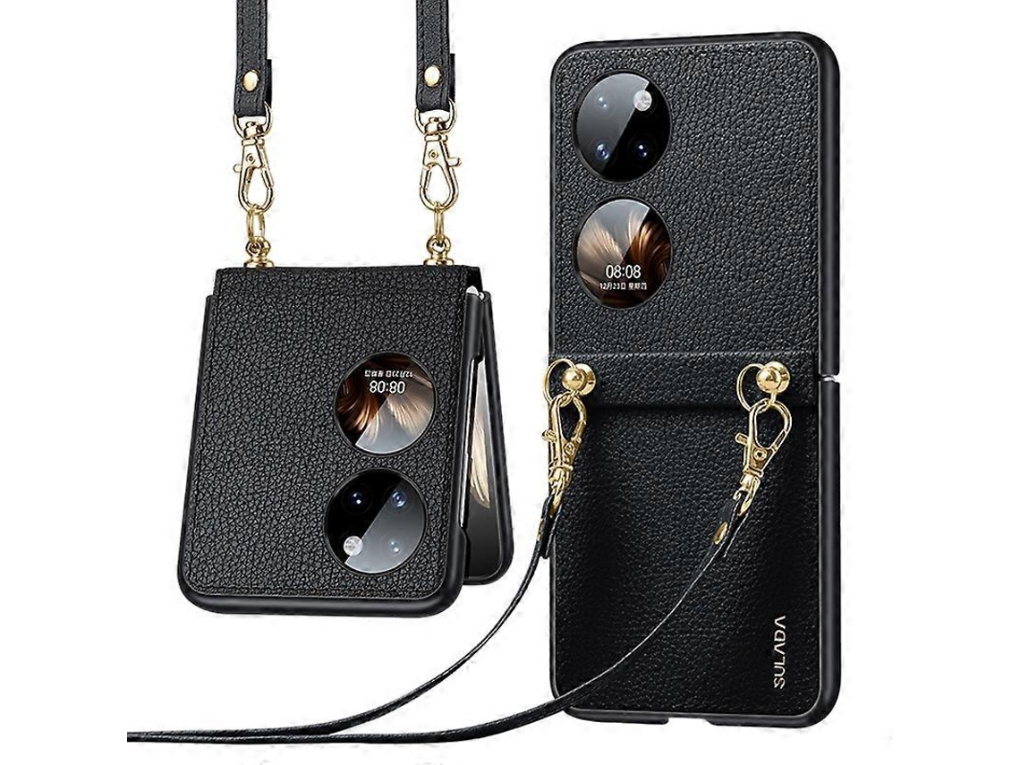 Capa De Celular Com Alça Para Huawei P50 Pocket Em Couro Com Textura De Lichia Sulada E Tpu