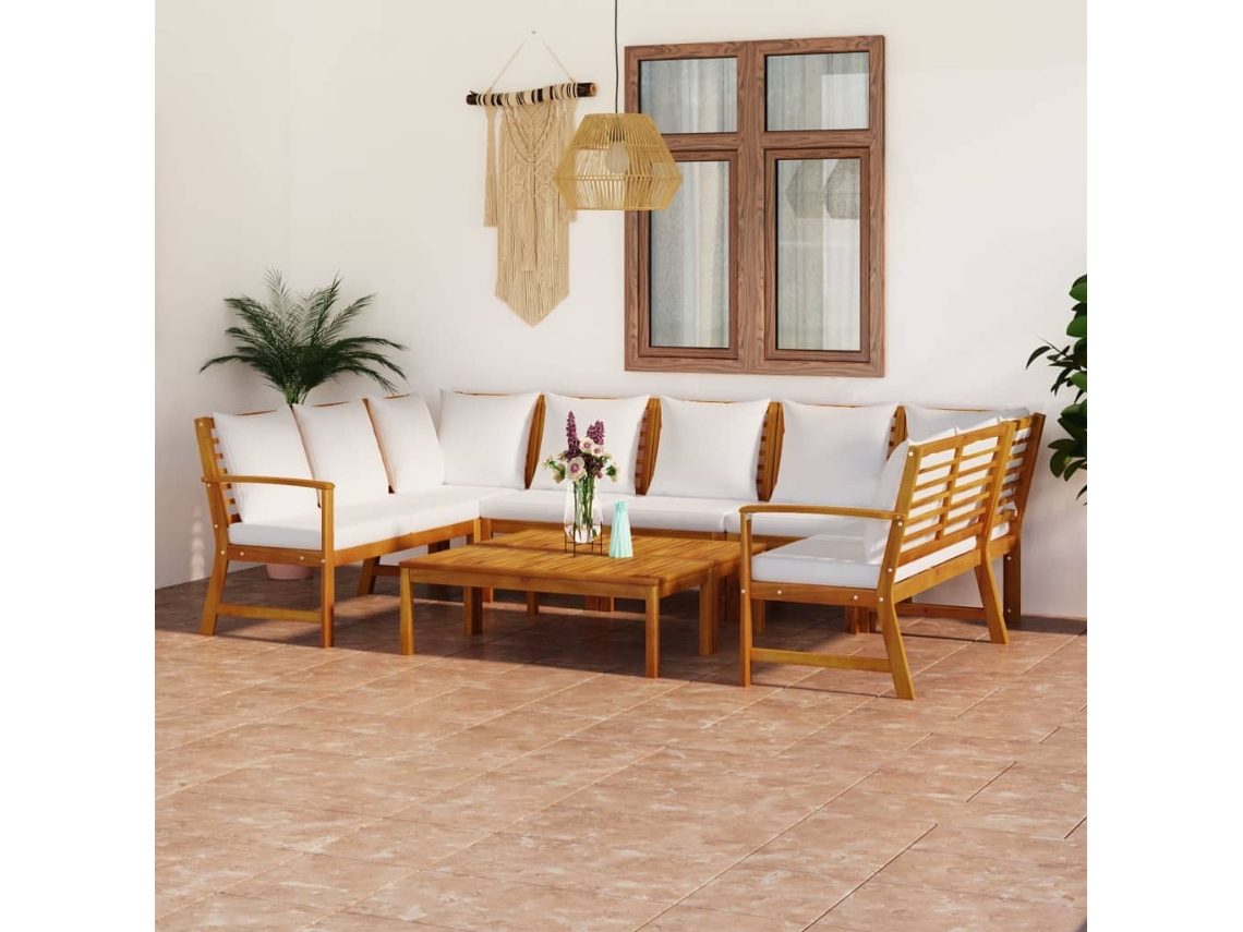 Vidaxl 9 Pcs Conj. Lounge De Jardim C/ Almofadões Acácia Maciça Creme