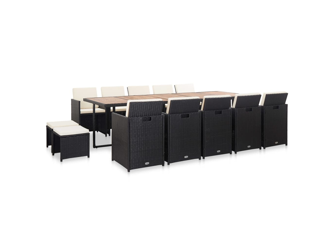 Vidaxl 15 Pcs Conjunto Jantar Exterior Com Almofadões Vime Pe Preto