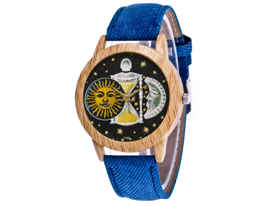Reloj De Pulsera Unisex Jean Con Patrón Luna Sol Azul Zhoulianfa