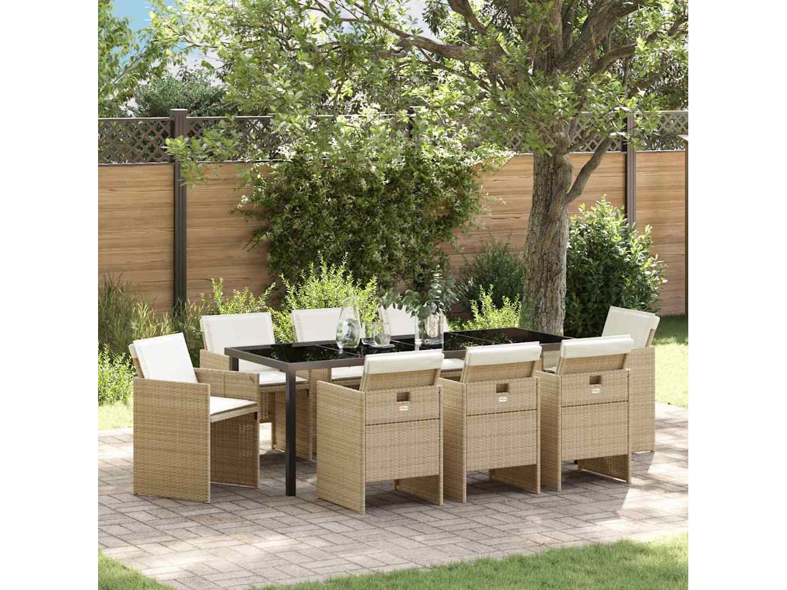Vidaxl Conjunto de Jantar para Jardim com Almofada 9 Pcs Bege Vime Pe
