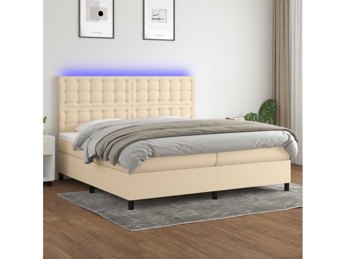 Vidaxl Cama Box Spring C/ Colchão E Led 200x200 Cm Tecido Cor Creme