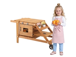 Cozinha de Lama Infantil com Rodas e Acessórios, Carrinho de Comida em Madeira, para Exterior, Natural TOPBRICO