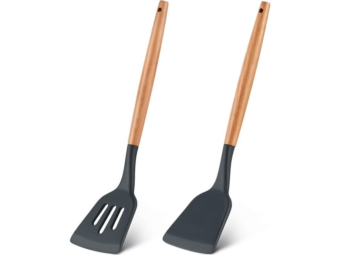 Conjunto De 2 Espátulas De Silicona Com Cabo De Madeira, Resistente Ao Calor, Antiaderente, Para Cozinha