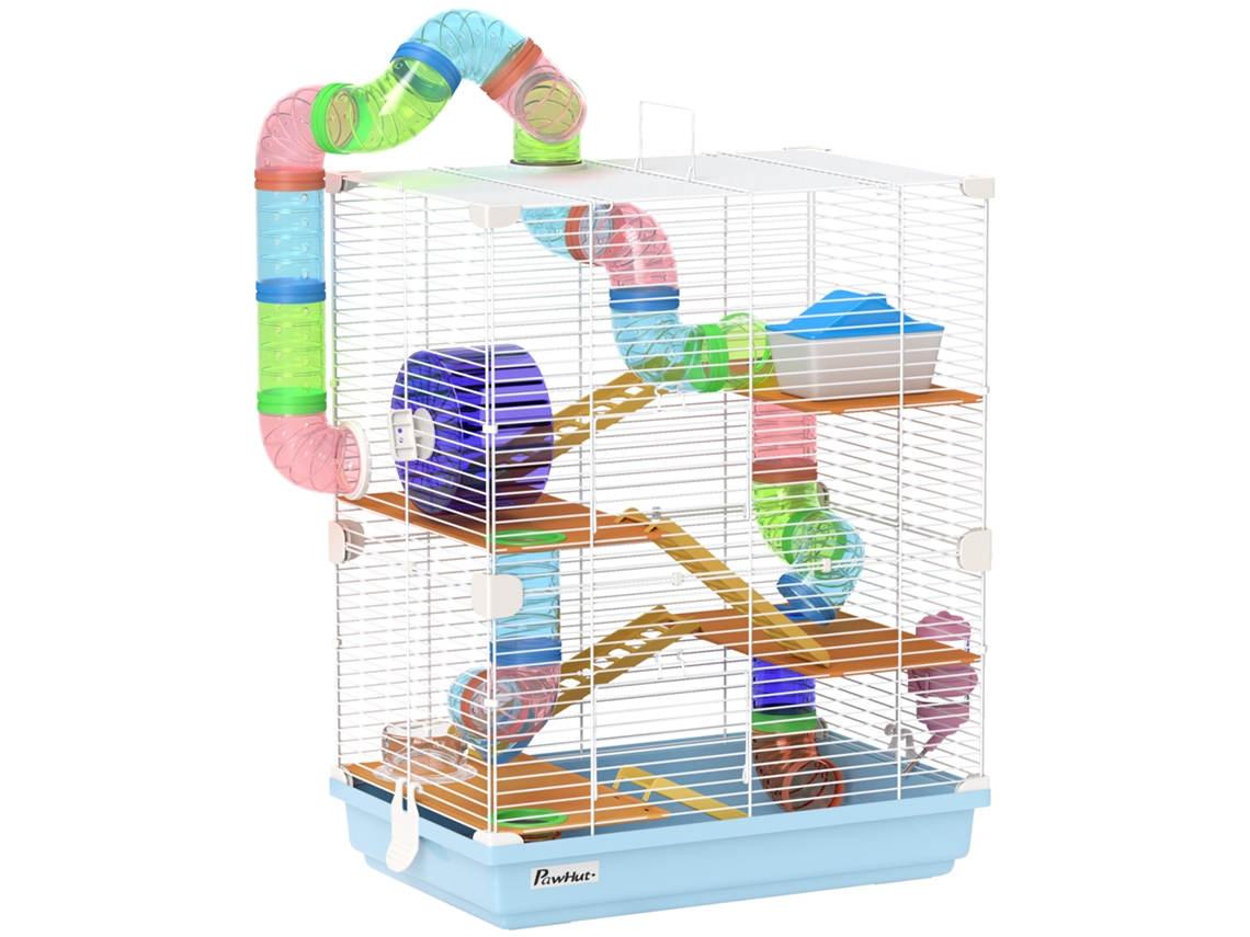 Gaiola Hamster de de 5 Andares com Tubos. Gire. Escadas. Casa e Garrafa. em Metal. Pp e Ps. 46x30x58 Cm