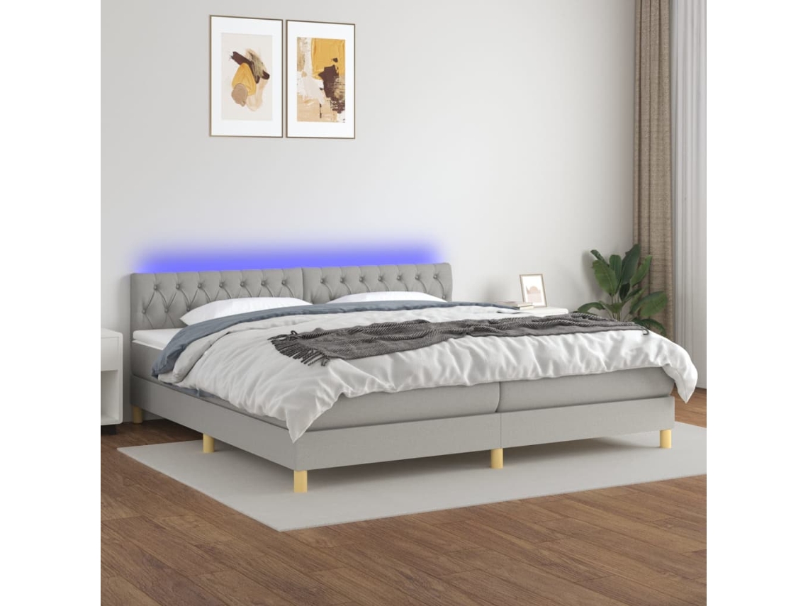 Vidaxl Cama Box Spring C/ Colchão e Led 200x200 Cm Tecido Cinza claro