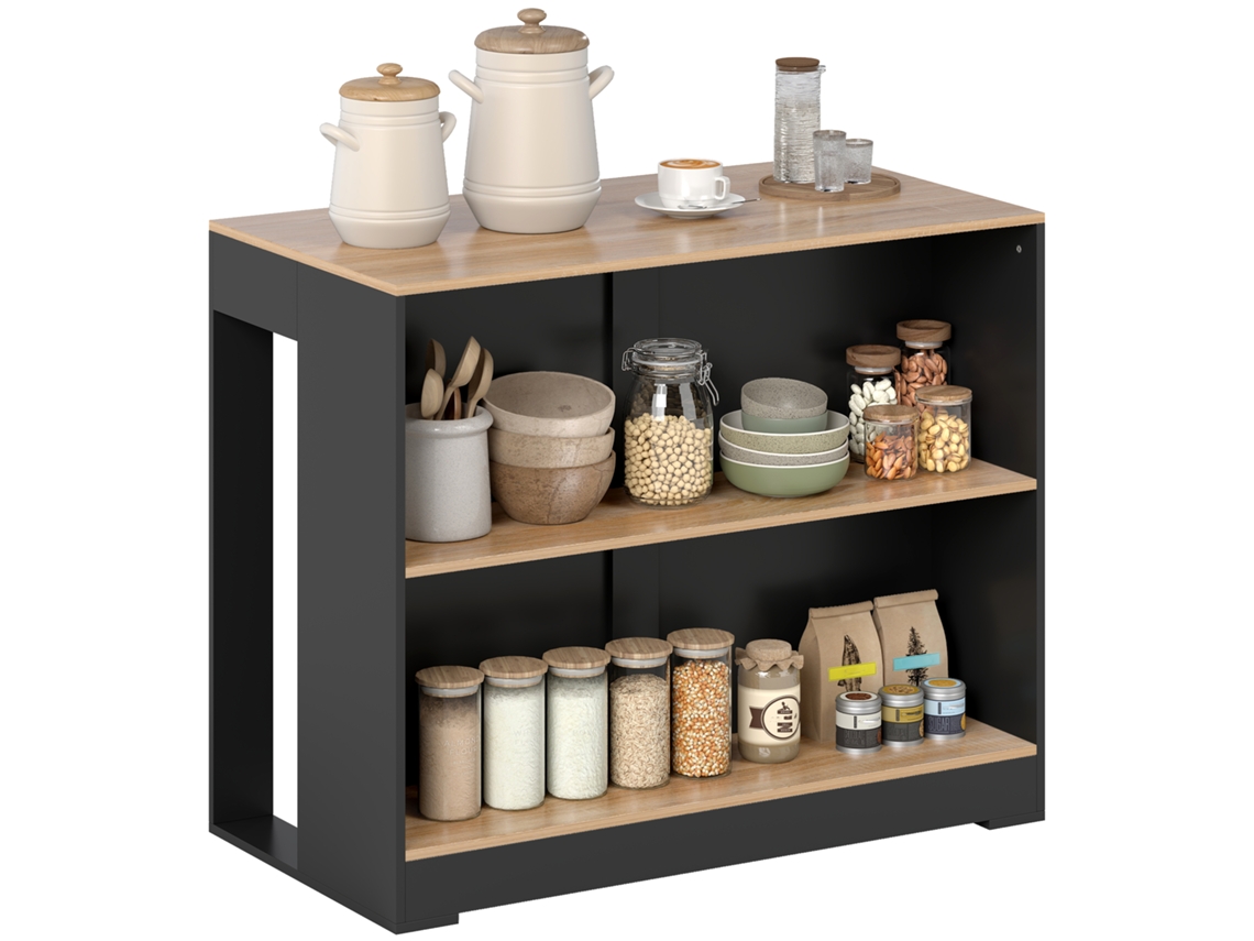 Ilha de Cozinha com Bancada de Bar e 3 Prateleiras para Sala e Sala de Estar. 113x60x90 Cm. Black Wood Ge